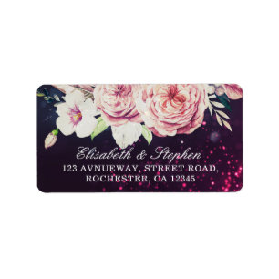 Wedding Address Boho Floral Feathers Purple Lights Label