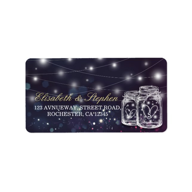 Wedding Address Chic Mason Jar Purple String Light Label (Front)