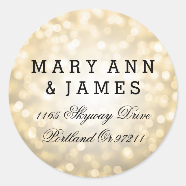 Wedding Address Gold Glitter Lights Classic Round Sticker (Front)