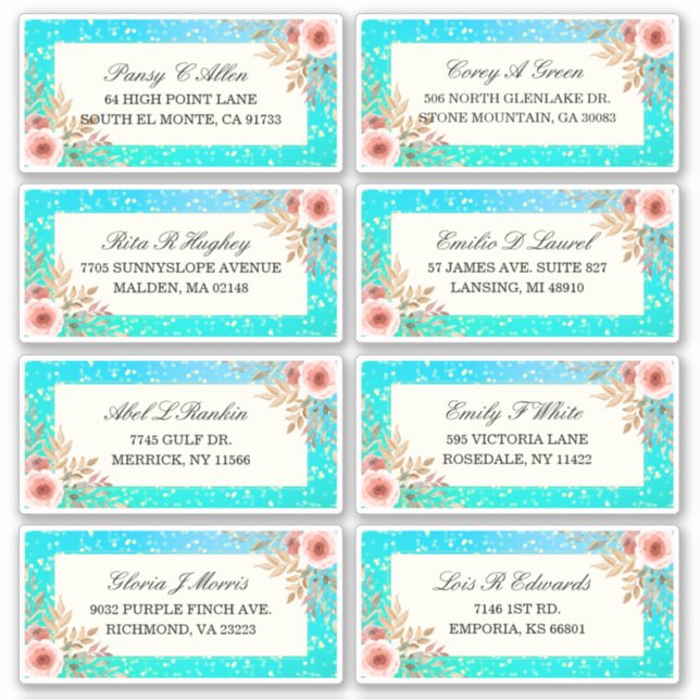 Wedding Address Label Modern Pink Floral Teal Gold (Front)