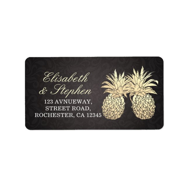 Wedding Address Modern Black Gold Pineapple Couple Label (Front)