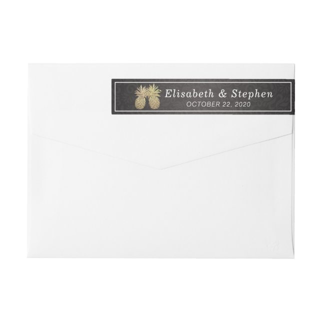 Wedding Address Modern Black Gold Pineapple Couple Wrap Around Label (Back)