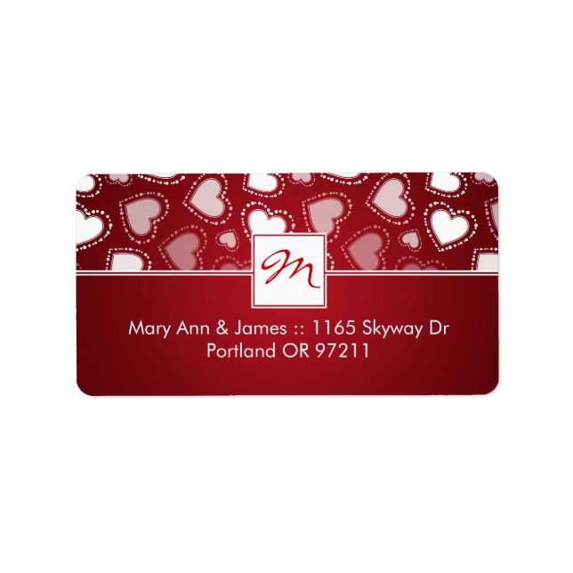 Wedding Address Monogram Dotted Hearts Red Label (Front)