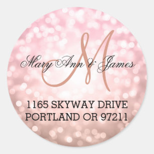 Wedding Address Rose Blush Pink Glitter Lights Classic Round Sticker