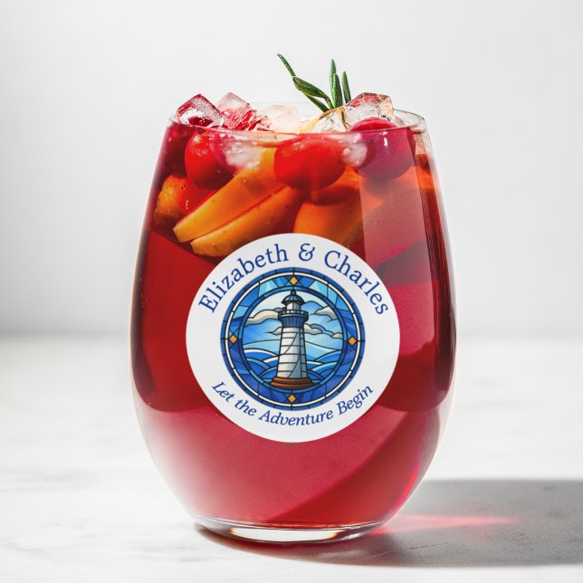 Wedding Adventure Lighthouse Sailing Nautical Stemless Wine Glass (Lighthouse nautical wedding wine glass. )