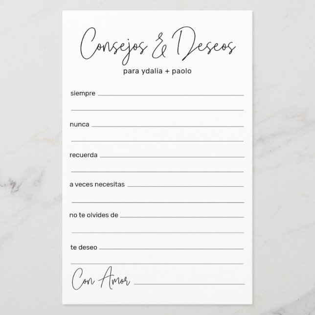 Wedding Advice and Wishes Spanish (Front)