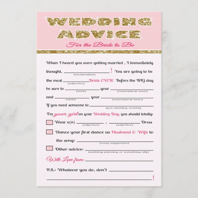 Wedding Advice Bridal shower game Card (Front)