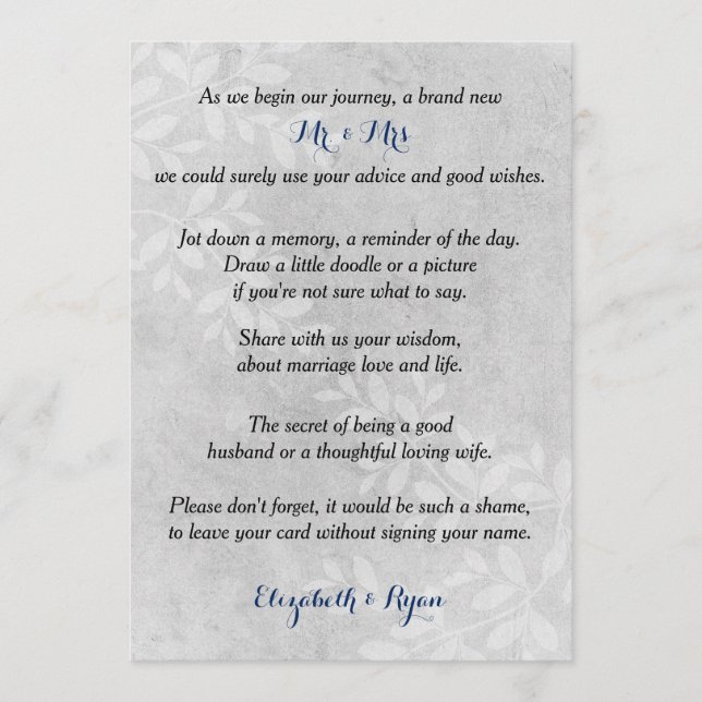 Wedding Advice, Good Wishes, Grey Floral Advice Card (Front)