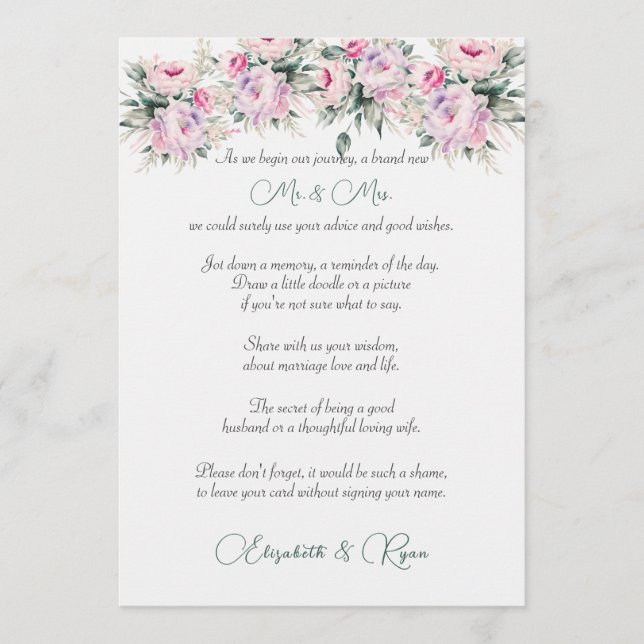 Wedding Advice Well Wishes Pink Peonies Card (Front)