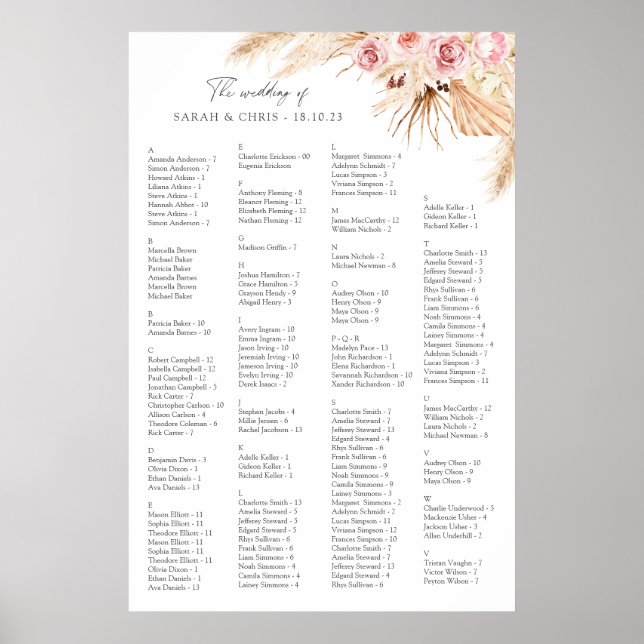 Wedding alphabetical seating chart Boho Floral (Front)