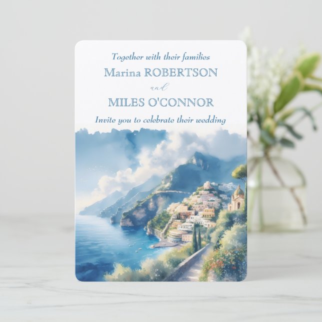 Wedding Amalfi Coast Watercolor Italy Destination Invitation (Standing Front)