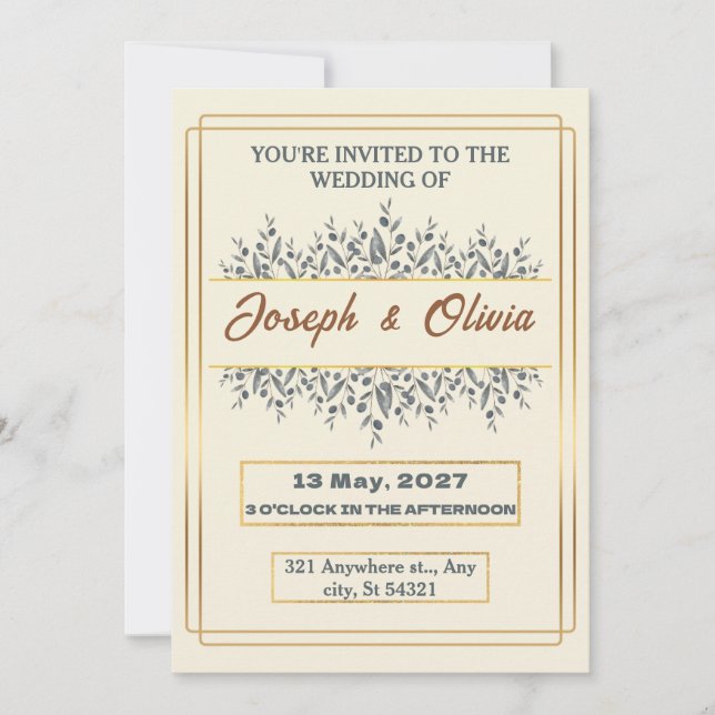 wedding an elegant beige background gold borders invitation (Front)