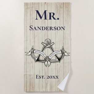 Wedding Anchor Mr  Navy Blue  Nautical Monograms   Beach Towel