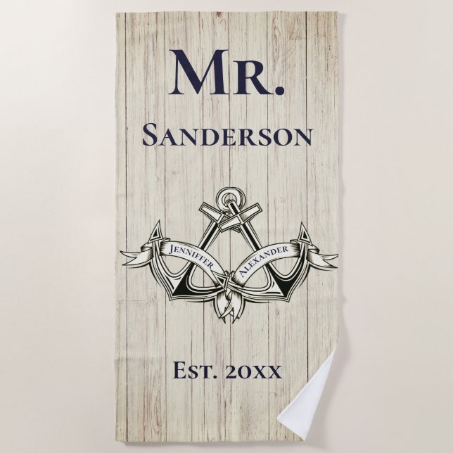 Wedding Anchor Mr  Navy Blue  Nautical Monograms   Beach Towel (Front)