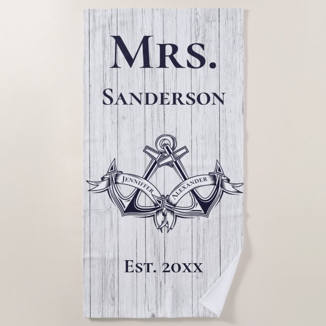 Wedding Anchor Mrs  Navy Blue  Nautical Monograms  Beach Towel (Front)