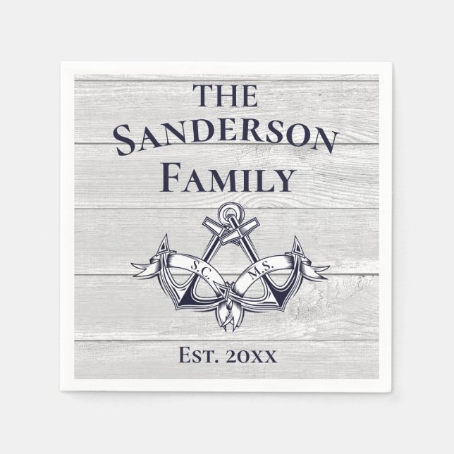 Wedding Anchors Navy Blue White Nautical Wood Napkin (Front)