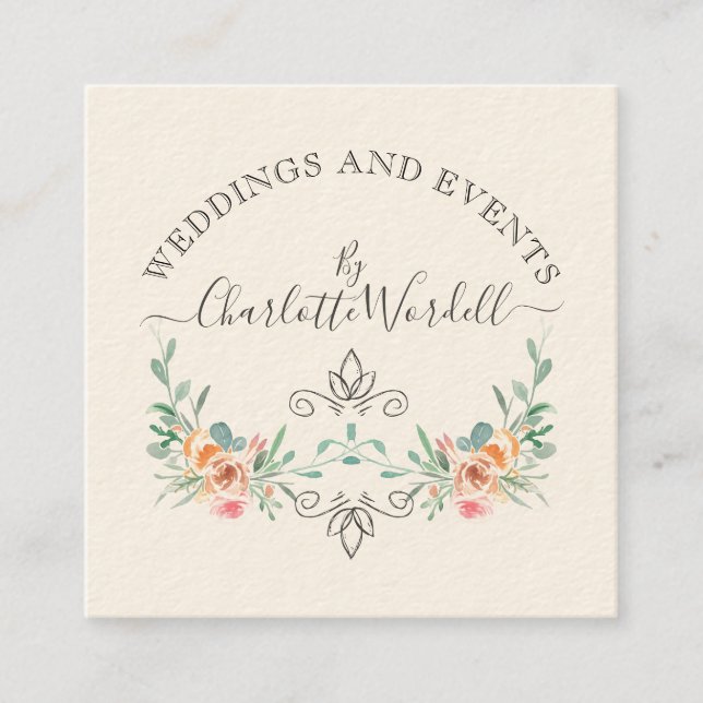 Wedding And Event Planner Floral Script Logo Square Business Card (Front)