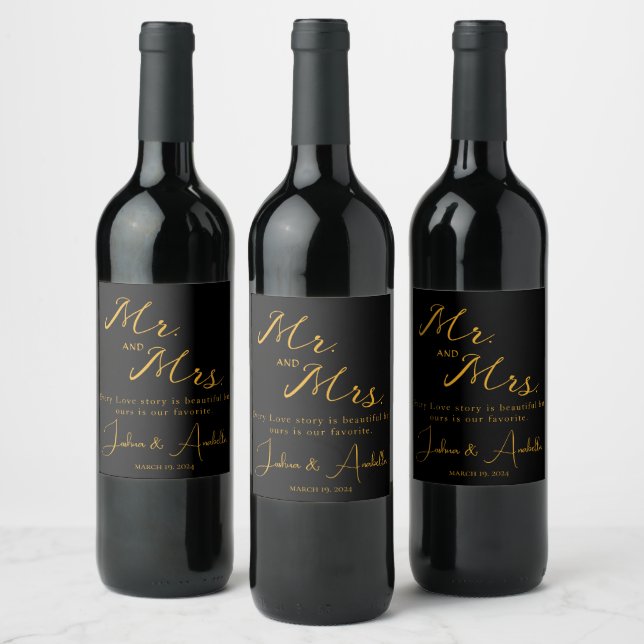 Wedding and Quote Black and Gold Wine Label (Bottles)