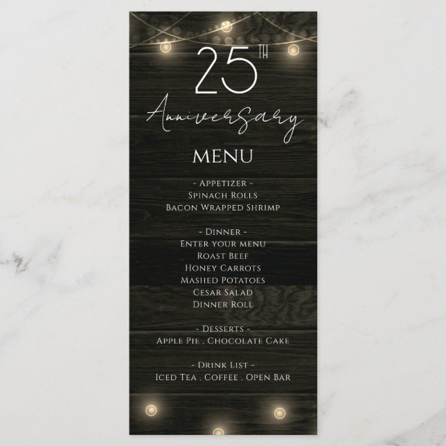 Wedding Anniversary 25th Rustic Wood and Lights Menu (Front)