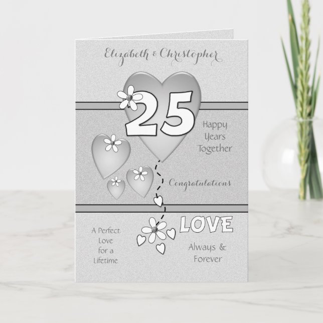 Wedding Anniversary 25th Silver hearts and flowers Card (Front)