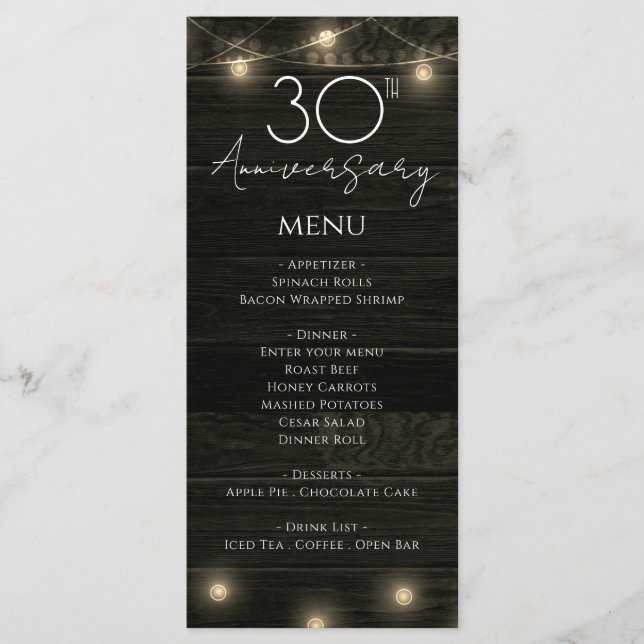Wedding Anniversary 30th Rustic Wood and Lights Menu (Front)