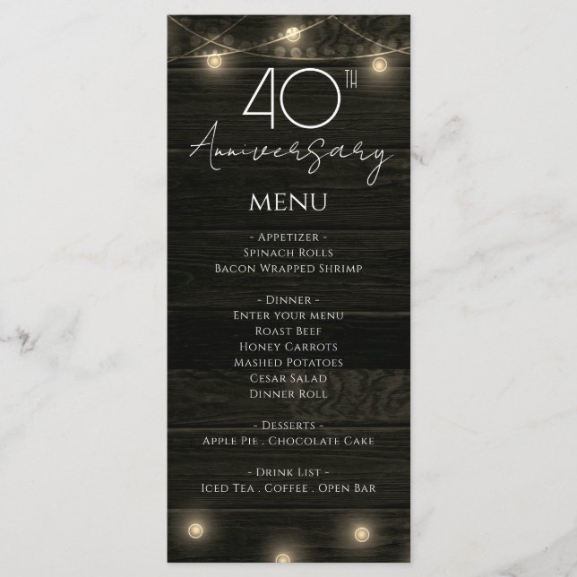 Wedding Anniversary 40th Rustic Wood and Lights Menu (Front)