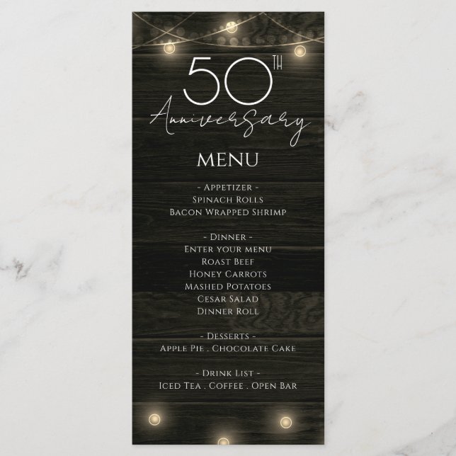 Wedding Anniversary 50th Rustic Wood and Lights Menu (Front)