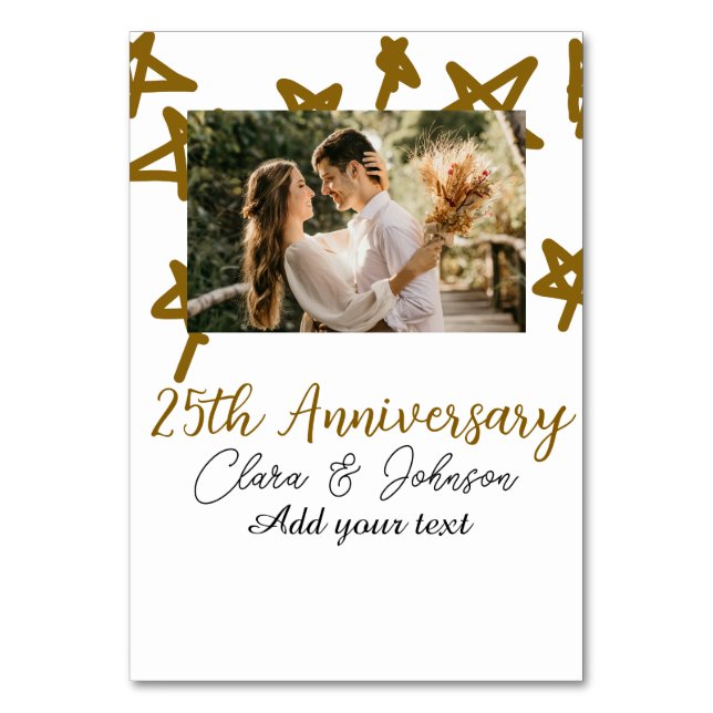 Wedding Anniversary add name year image gold stars Table Number (Front)