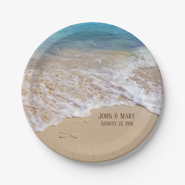 Wedding Anniversary Beach with starfish Paper Plate (Front)