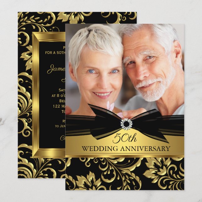 Wedding Anniversary Black Gold Damask Photo Invitation (Front/Back)