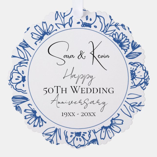 Wedding Anniversary Bleu Florals Tree Decoration Card (Front)
