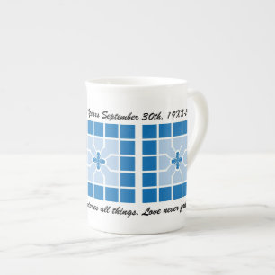 Wedding Anniversary Blue Geometric With Name Bone China Mug