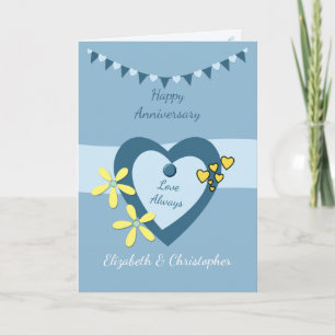 Wedding Anniversary blue with bunting and hearts Card
