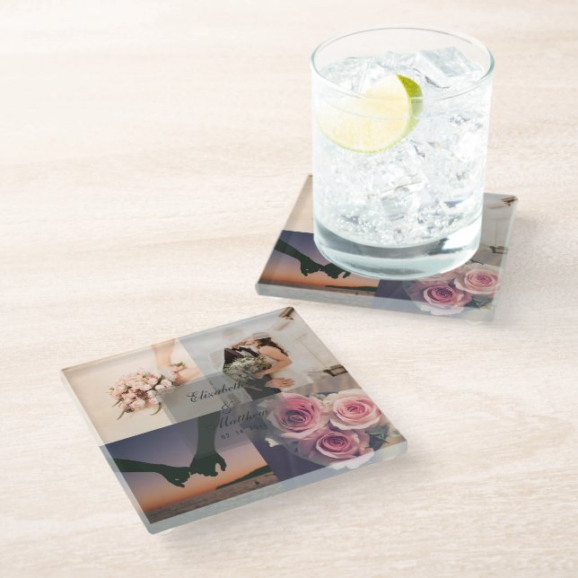 Wedding Anniversary Bride and Groom Photo Collage Glass Coaster (Angled)