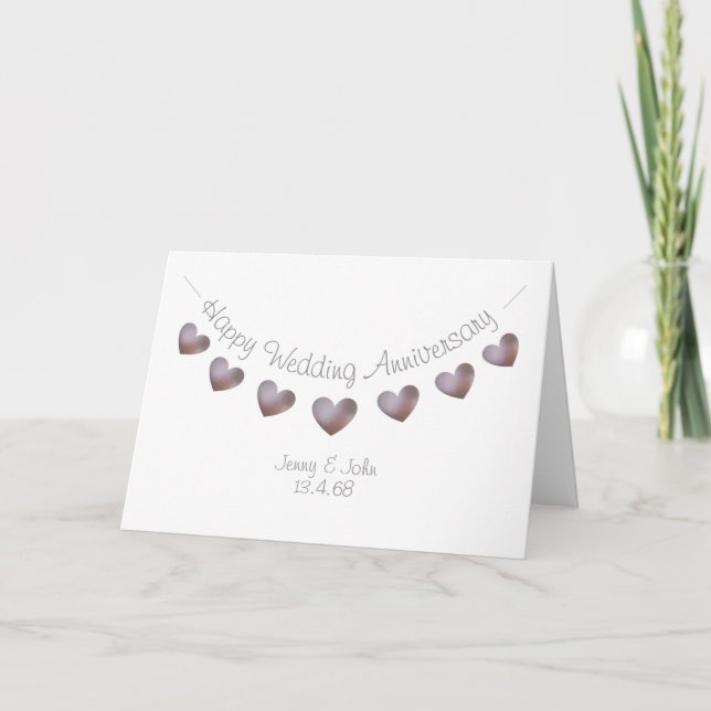Wedding Anniversary card with purple pearl hearts (Front)