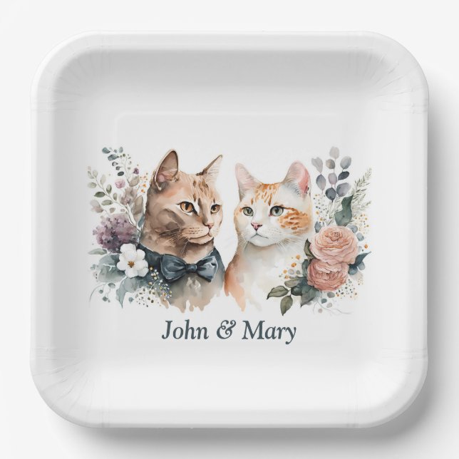 Wedding Anniversary Cats On White Paper Plate (Front)