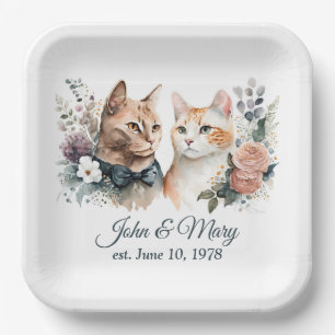 Wedding Anniversary Cats On White Paper Plate