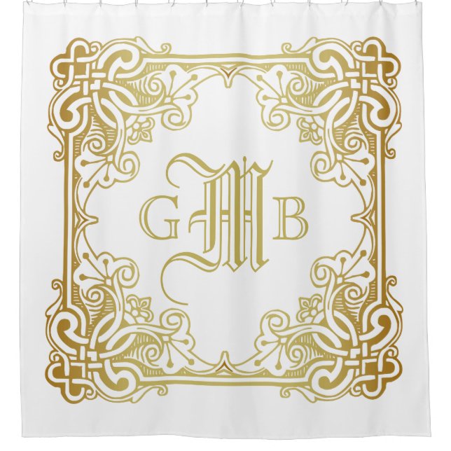 Wedding Anniversary Classic Gold Frame Monogram Shower Curtain (Front)