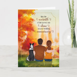 Wedding Anniversary Couple and Dog Autumn Sunset Card