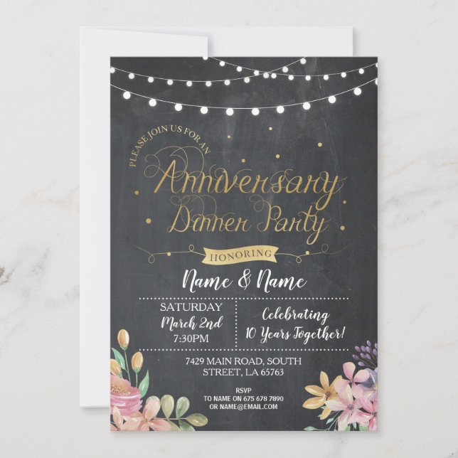 Wedding Anniversary Dinner Party Floral Chalk Gold Invitation (Front)