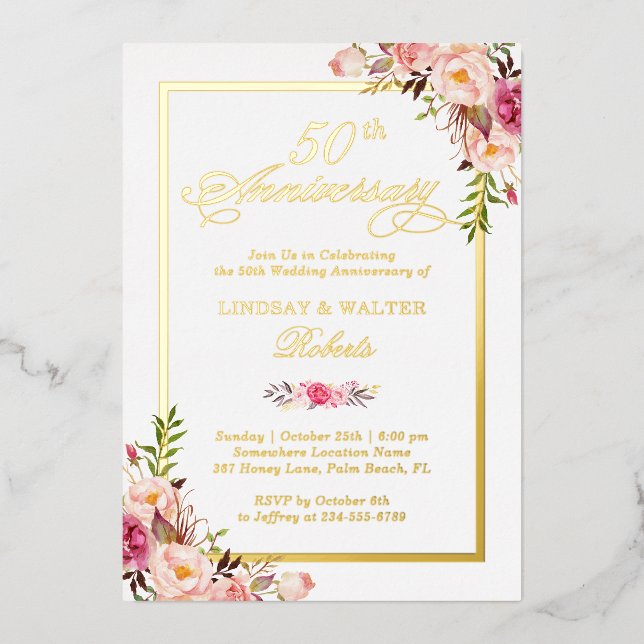 Wedding Anniversary Elegant Blush Floral Real Gold (Front)