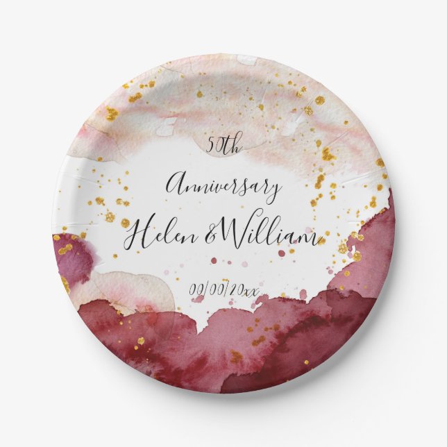 Wedding Anniversary Gold and Burgundy Paper Plate (Front)