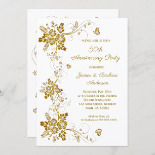 Wedding Anniversary Gold diamond floral white Invitation