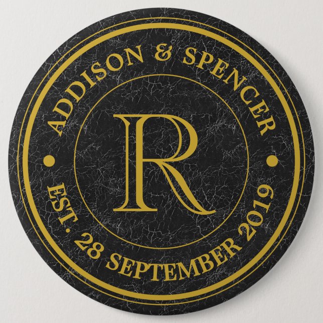 Wedding Anniversary Gold Monogram Black Leather 6 Cm Round Badge (Front)