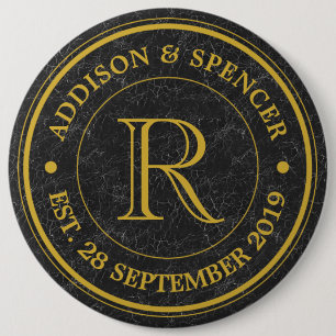 Wedding Anniversary Gold Monogram Black Leather 6 Cm Round Badge