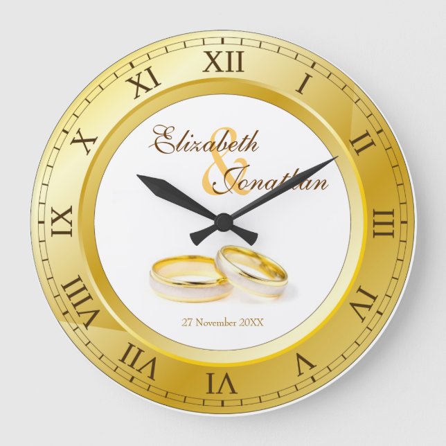 Wedding Anniversary Gold Roman Numerals Custom Large Clock (Front)