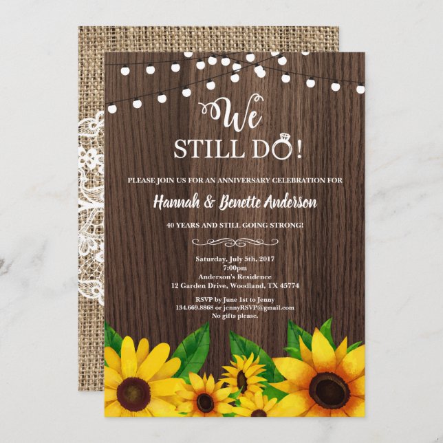 Wedding anniversary invitation Sunflower rustic (Front/Back)