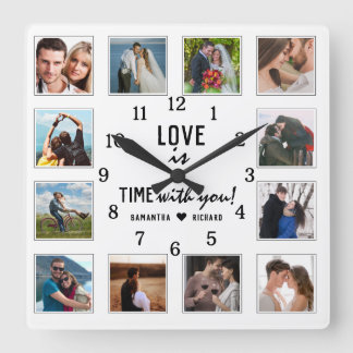 Wedding Anniversary Love Quote 12 Photo Collage Square Wall Clock