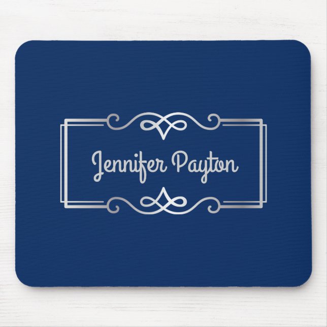 Wedding Anniversary Monogram Silver Navy Blue Mouse Mat (Front)