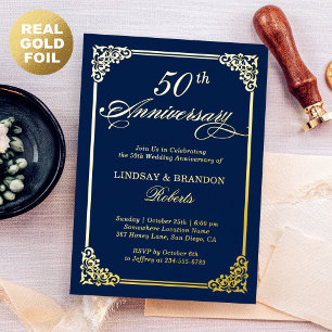 Wedding Anniversary Navy Blue Vintage Frame Gold